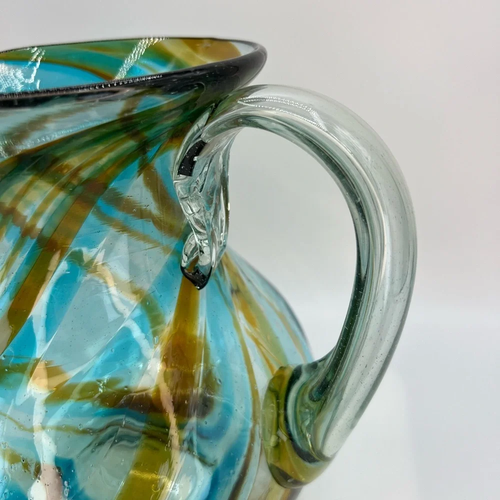 Mexican Hand Blown Art Glass Pitcher Turquoise Brown Vessel With Handle Swirl